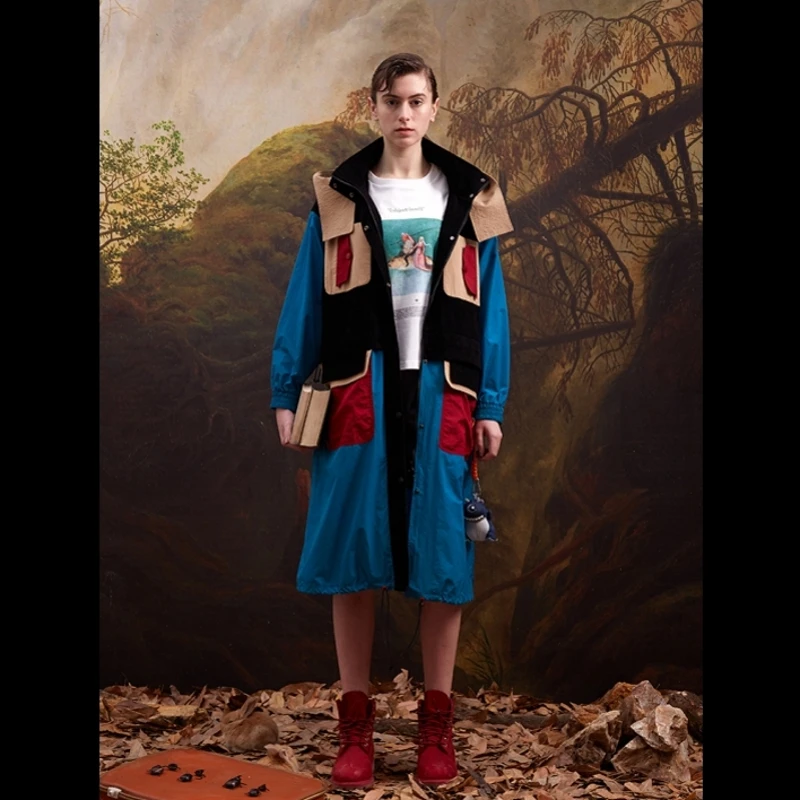 

2019 Spring Summer New Collection original design patchwork hooded oversize long casual outdoor trench coat women