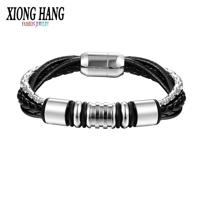 

Xionghang новейшее высокое качество Магнитная застежка модная цепь из нержавеющей стали многослойный браслет из натуральной кожи Ювелирные из...