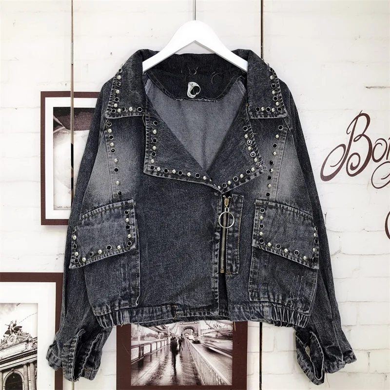 Plus Size Pearl Beading 2020 Long Sleeve Vintage Casual Jeans Coat Short Denim Jackets Women Clothes Basic Bomber Jacket SB010 | Женская