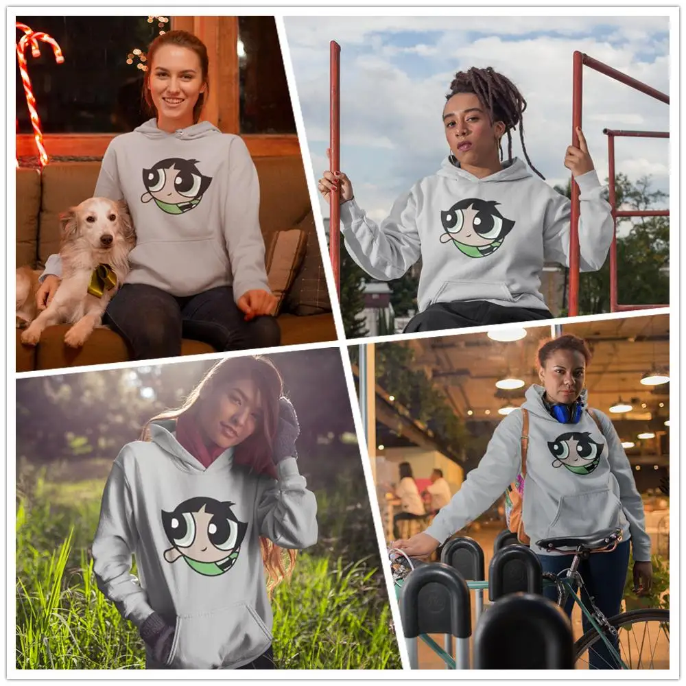 Powerpuff Толстовка Buttercup толстовки уличная одежда хлопковые толстовки женские напечатанные более размера Kawaii серый пуловер с длинным рукавом Толстовка