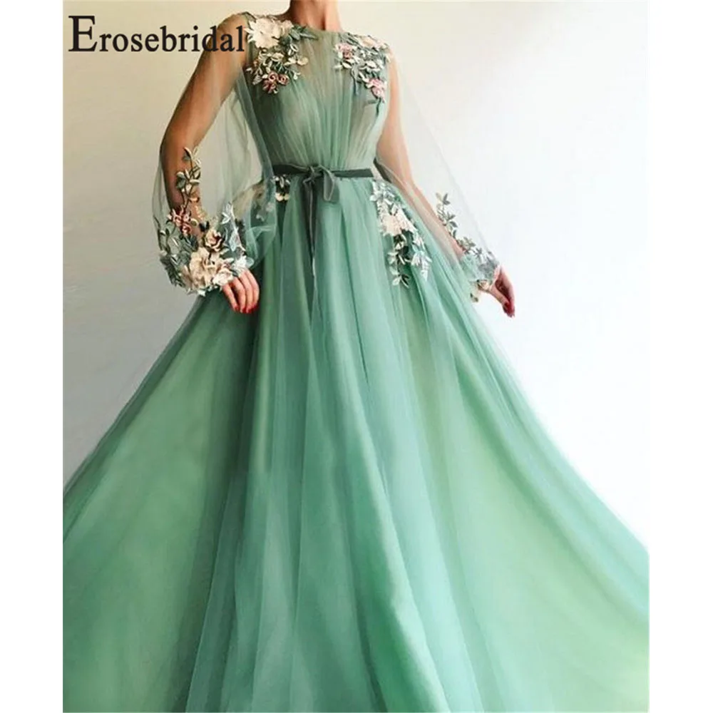 Erosebridal зеленое с длинным рукавом платье трапециевидной формы цветочным рисунком