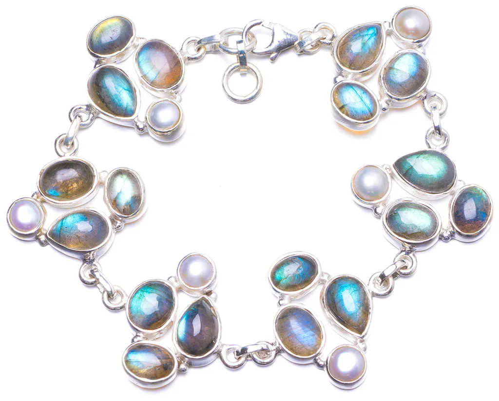Natural Labradorite and River Pearl Handmade Unique 925 Sterling Silver Bracelet 7 1/2-7 3/4&quot Y1332 | Украшения и аксессуары