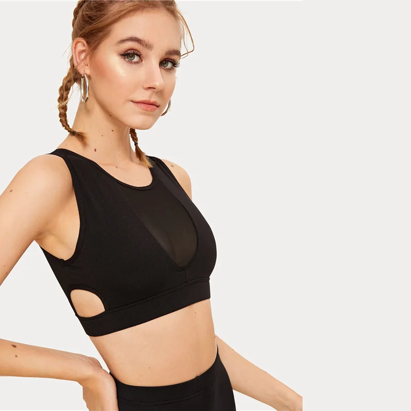 Спортивный бюстгальтер SweatyRocks с контрастной сеткой и вырезом сзади, черный укороченный топ, модная женская одежда для активного отдыха, летний топ, облегающий Повседневный бюстгальтер