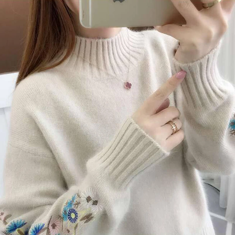 TIGENA 2019 Winter Thick Warm Beautiful Embroidery Turtleneck Sweater Women Long Sleeve Knit Pullover Female Pull Femme | Женская одежда
