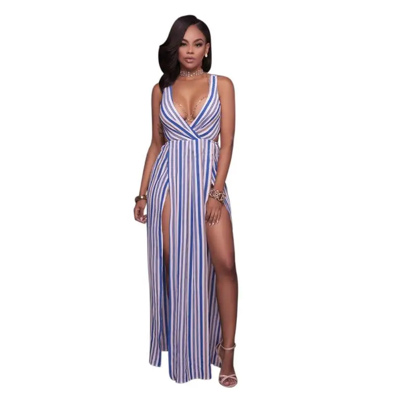 2017 новое модное летнее макси платье в полоску с глубоким v образным вырезом и открытой спиной Пляжное Платье