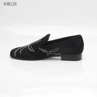 2019 new men dress shoes handmade leisure rhinestone style wedding party shoes men flats black leather loafers shoes big size
