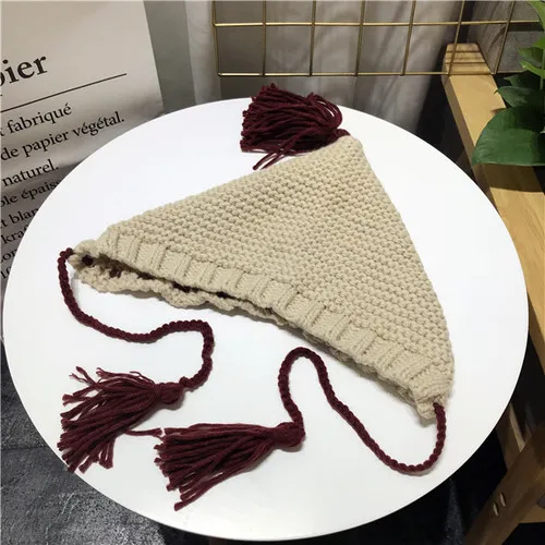 Бежевый Зимние шапки Skullies Beanies для женщин Harajuku милые девушки кисточкой оплетка теплые черепа сплошной цвет шнуровка вязанные шапки-бобы - Цвет: Бежевый