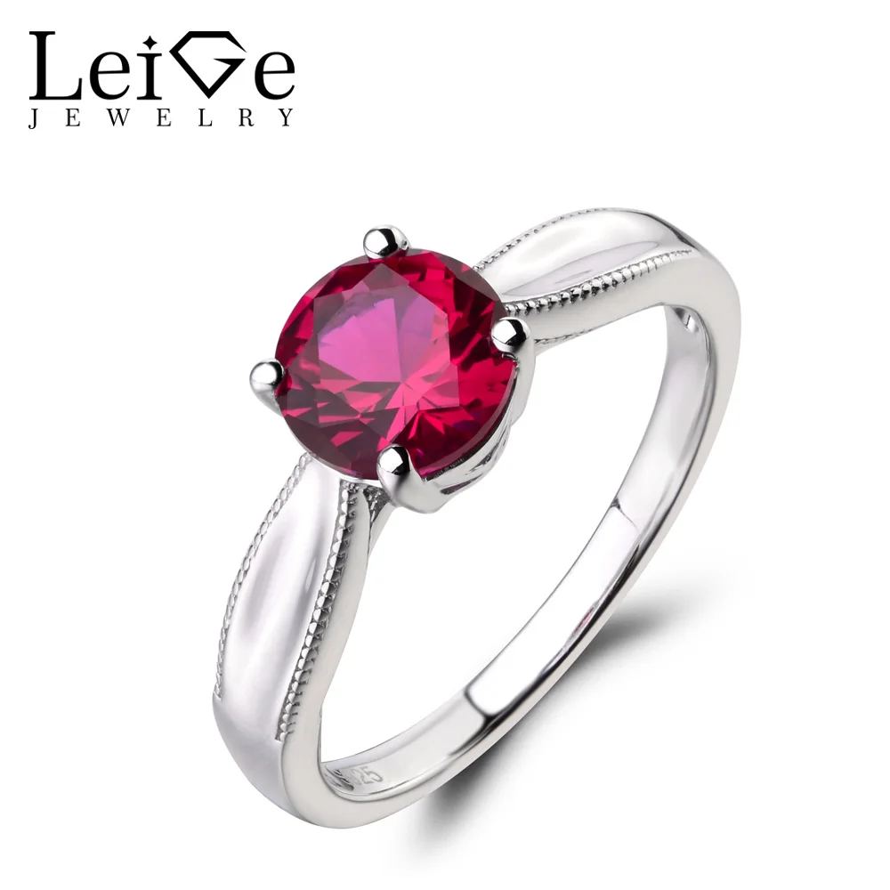 

Leige Jewelry Lab Ruby Ring Engagement Ring Round Cut Red Gemstone 925 Sterling Silver Ring July Birthstone Solitaire Ring Gifts