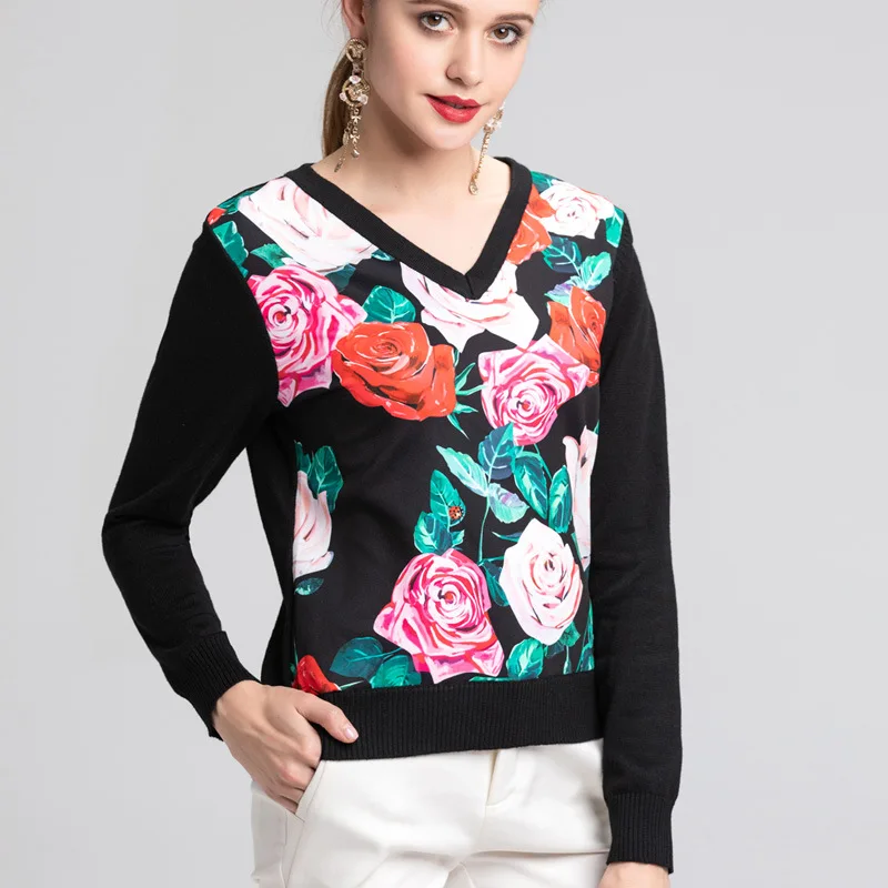 New Runway Fashion Designer Sweater Women's Elegant Rose Flower Printed Patchwork V Neck Casual Black Wool Top Shirts | Женская