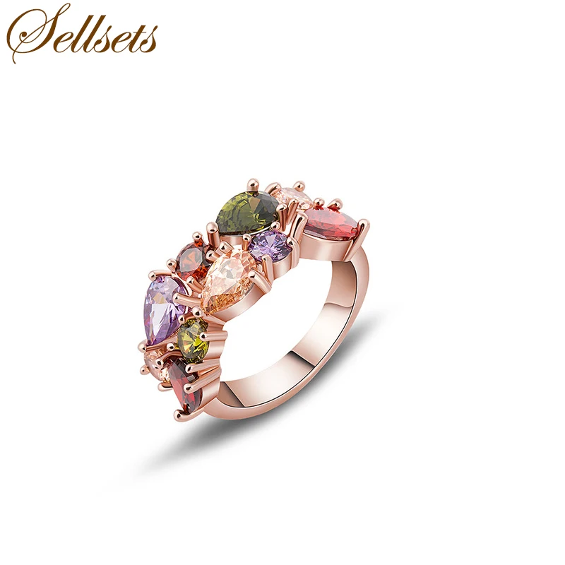 Женское кольцо с фианитом Sellsets разноцветное из розового золота фианитом|fashion jewelry