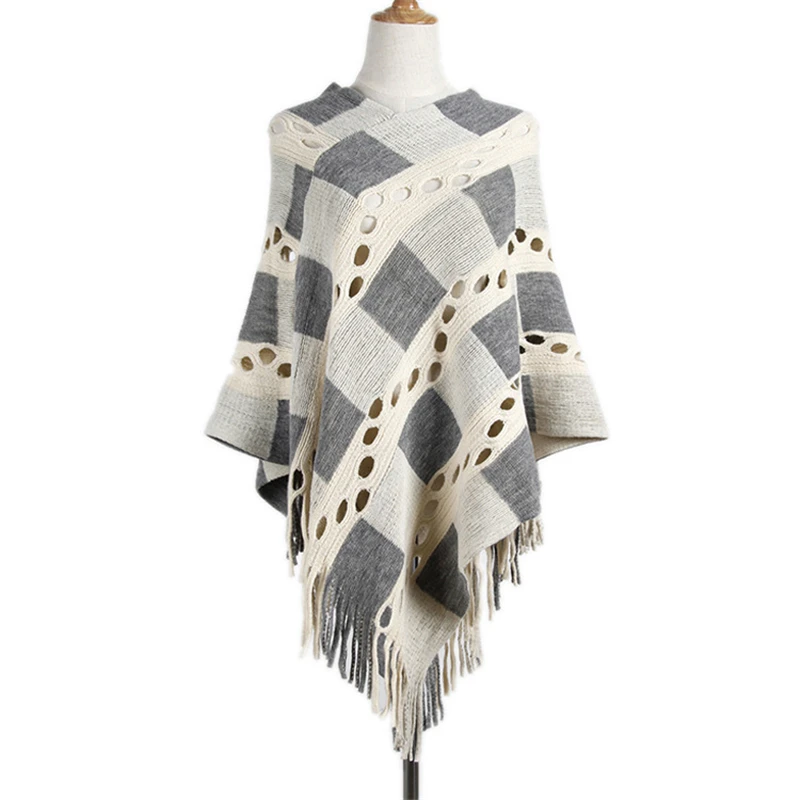 Women Autumn Knitting Poncho Cotton Shrug Pullover Sweater Female 2018 Plaid Hole Tassel Jumper Oversize Sweaters Causal Outwear |