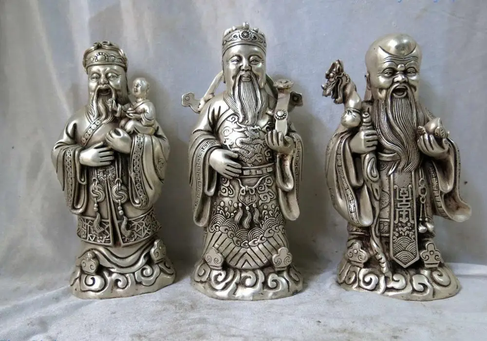 

Fine Silver sculpture China blessing longevity emolument three Buddha Statue
