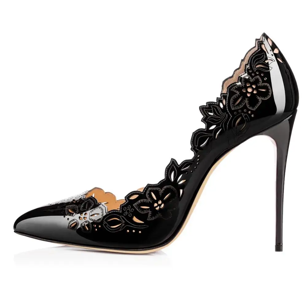 

Patent Leather High Thin Heel Women Cut-Out Pointed Toe Pumps Stiletto Heel Casual Office Sides Hollow Plus Size Wedding Shoes