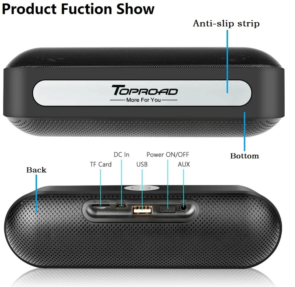 TOPROAD Беспроводной Bluetooth стереоколонка MP3 плеер с микрофоном Поддержка TF AUX FM радио