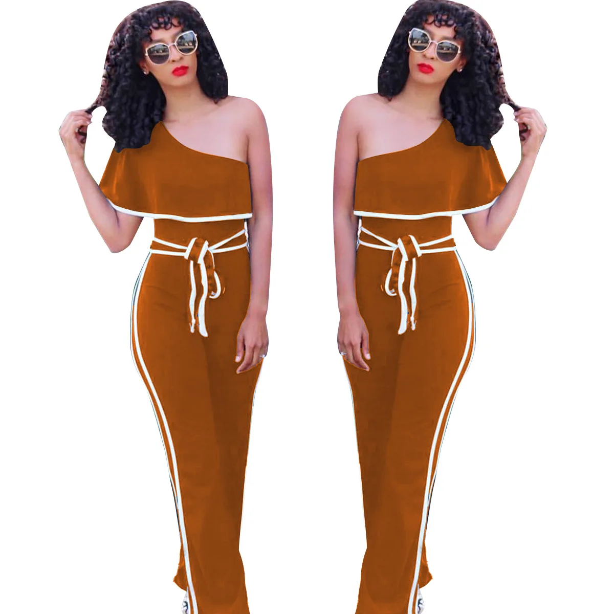 Элегантный сексуальный Летний комбинезон с оборками на одно плечо широкие брюки