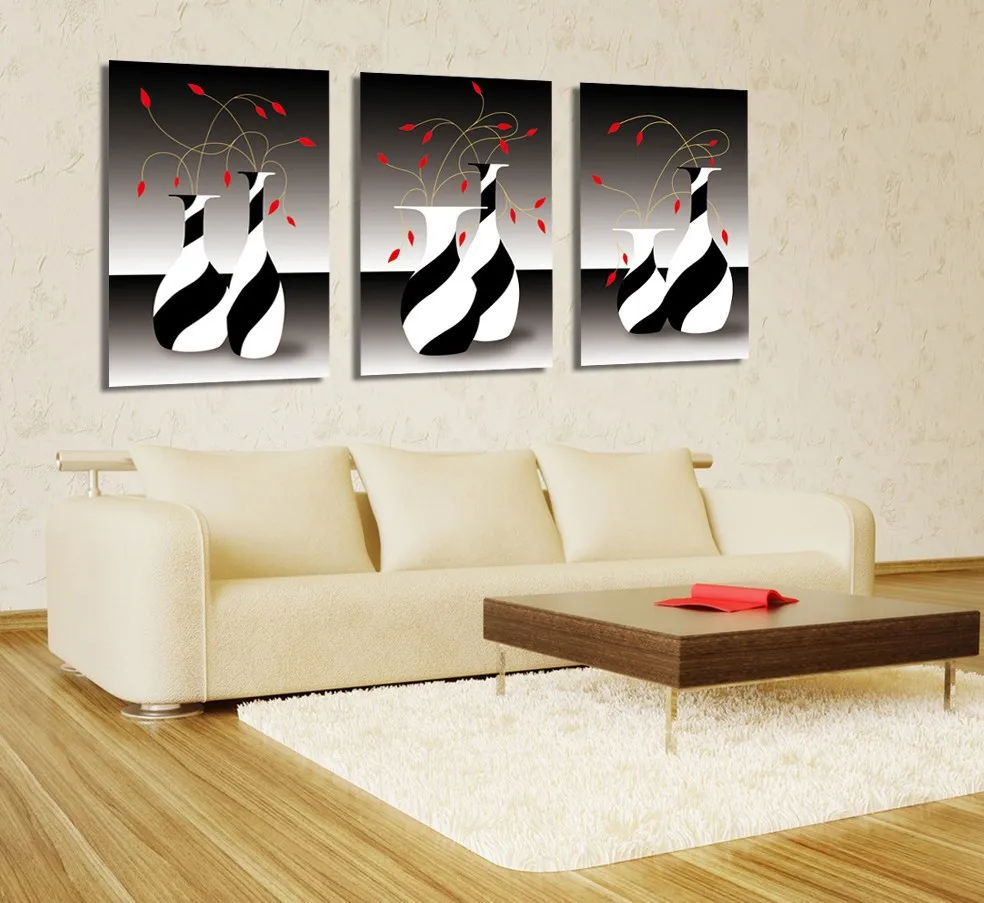 

Free shipping abstract black and white still life 3 panel canvas wall art painting wall pictures for living room