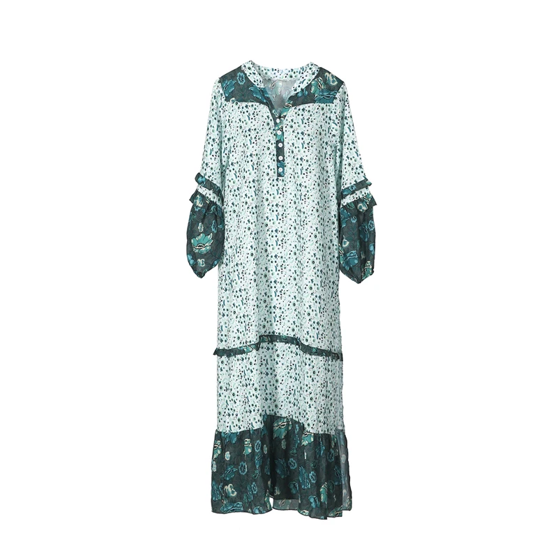 

Bohemian Fashion Sweet Long Dress Summer Women Ladies Long Lantern Sleeve Deep V-Neck Floral Print Ankle-Length Dress