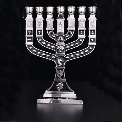 Синяя эмаль Menorah позолоченный 7 веток племен Израиля, джерузама - Цвет: Small