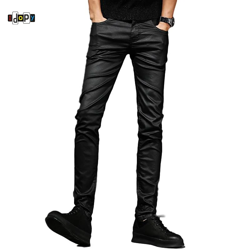 

Idopy Men`s Coated Jeans Korean Fashion Cool Waxed Slim Fit Biker Denim Pants