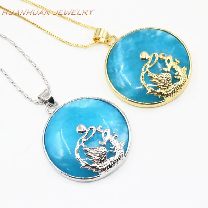 

Мода синий нефриты Природный камень кулон для Для женщин цепи Цепочки и ожерелья 32 мм Нержавеющая сталь круг вокруг Подвески дракон декор ...
