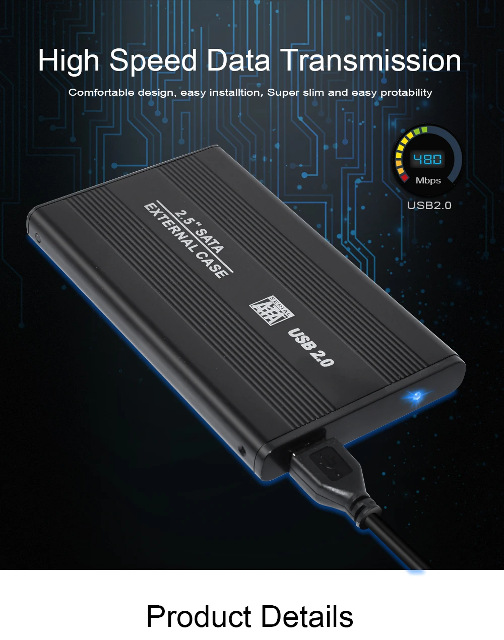 Алюминиевый металлический внешний HDD Caddy 2,5 дюймов SATA Внешний чехол USB 2,0 HDD жесткий диск чехол