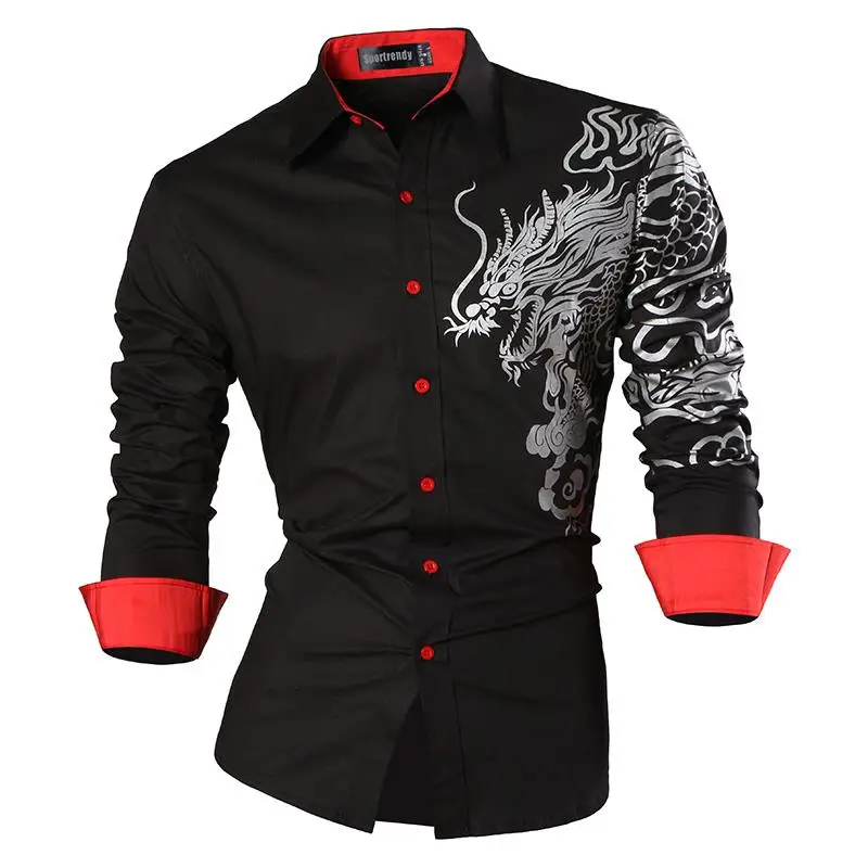 

Платье-рубашка sporfashion JZS041 мужское, Повседневная модная сорочка Slim Fit с длинным рукавом и драконом