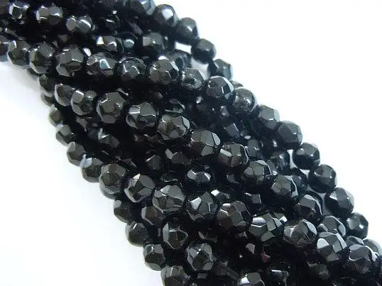 

black Charming stone bead strands, black stone, faceted round, black, about 4mm in diameter, hole: 0.8mm