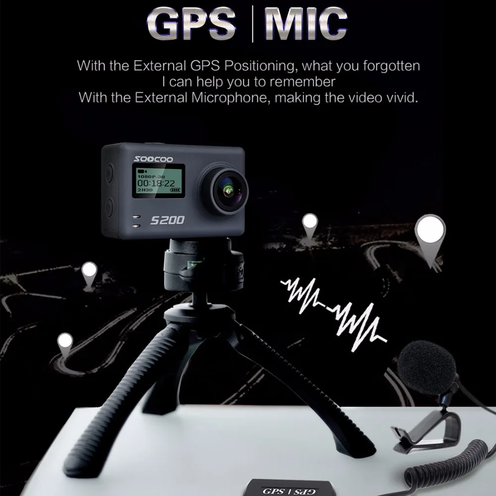 SOOCOO S200 экшн Камера со сверхвысоким разрешением Ultra HD, 4 K, NTK96660+ IMX078 с поддержкой Wi-Fi Gryo голосового управления внешний микрофон gps 2,4" сенсорный экран с ЖК-дисплеем