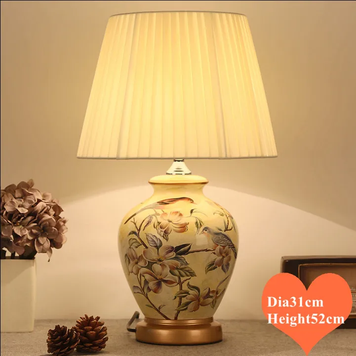 

Chinese rustic flower&bird ceramic Table Lamps European classic dimmer/touch fabric E27 LED lamp for bedside&foyer&studio MF009