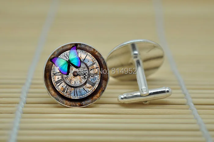 1 пара стимпанк часы ювелирные изделия бабочка ретро запонки в серебро стекло