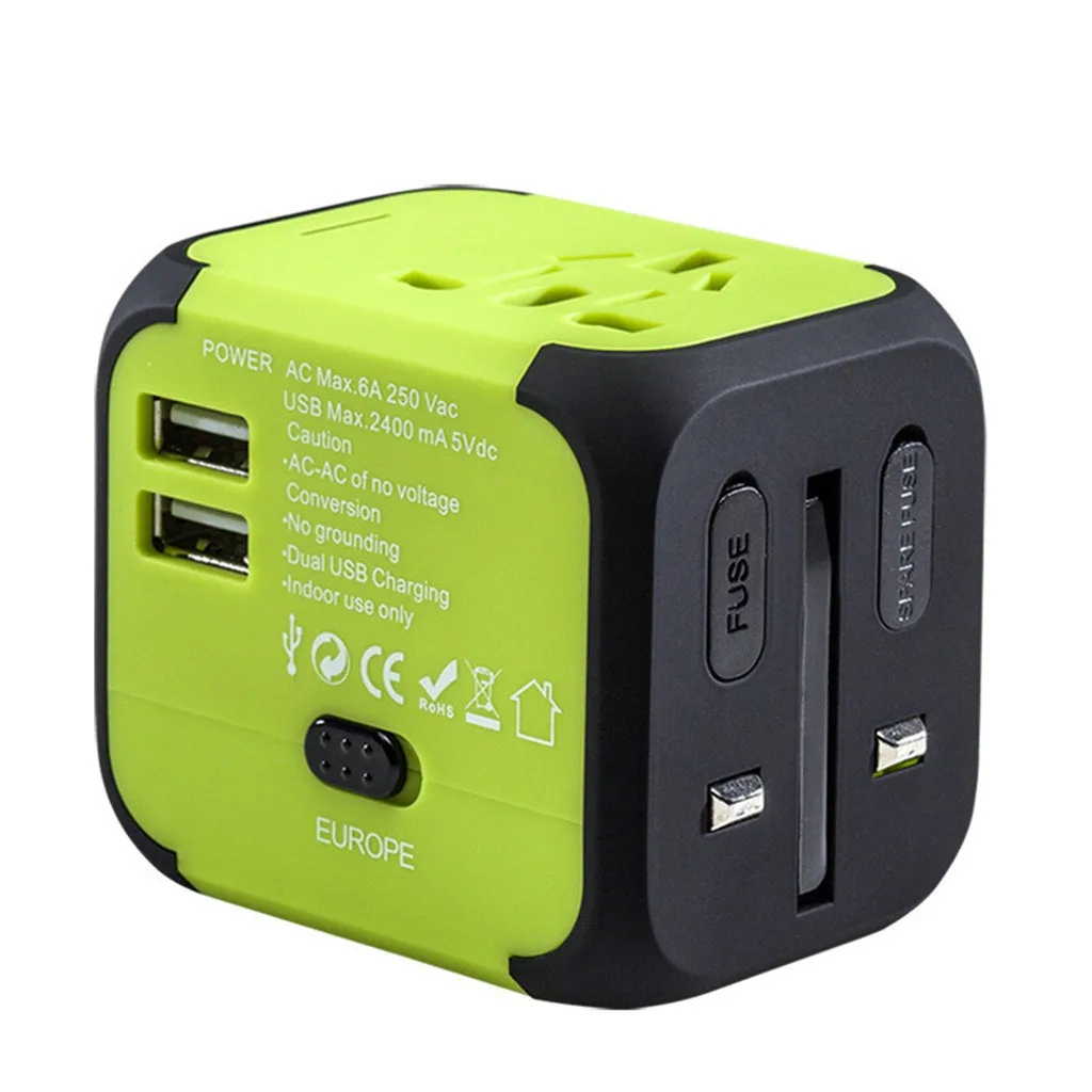 Green Горячая Универсальный дорожный переходник двойной usb-разъем, зарядное устройство питания Великобритании США ЕС австралийская вилка Электрический адаптер - Цвет: Green