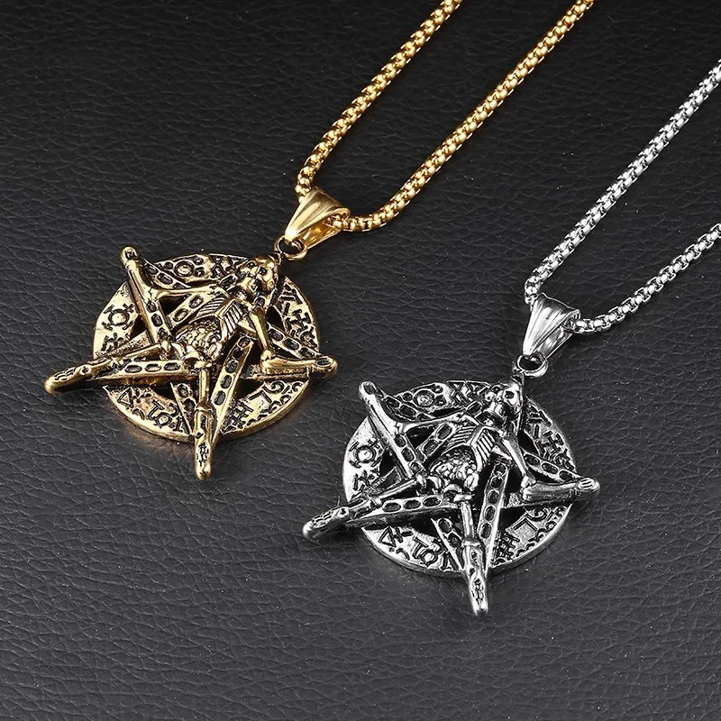 RIR Gothic Silver Gold Skull Five-pointed Star Satanic Pendant Necklace Punk Rock Style Round Pendant For Men Fashion Jewelry