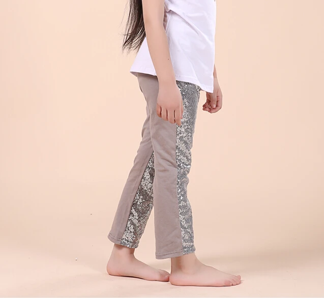 Штаны для девочек серебристого цвета блестящие серые леггинсы школьниц на день