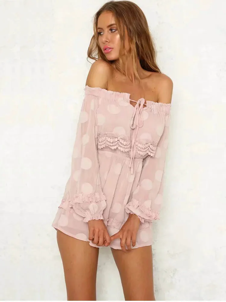 

yinlinhe Pink Dot Sexy Short Jumpsuit Women Rompers Long Sleeve Transparent Playsuit Summer Overalls For Women boho Outfits 016