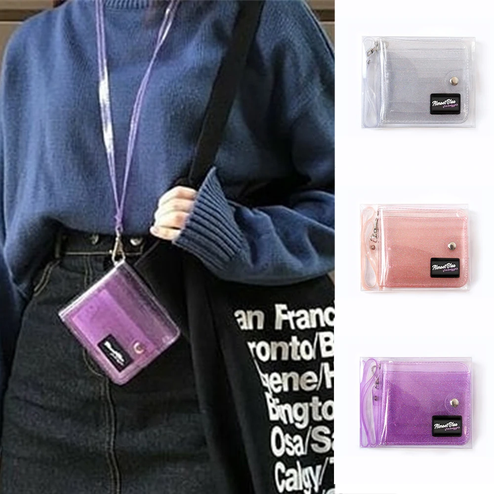 

Fashion Transparent ID Card Holder PVC Folding Short Wallet High Grade Women Girl Glitter Business Cards Case Purse With Lanyard