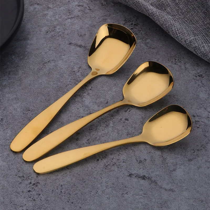 Gold-3sizes 3 шт./компл. ложки с плоским дном 18/8 из нержавеющей стали квадратный дизайн салатные столовые приборы Десертные Ложки для супа 3 размера благородные столовые приборы - Цвет: Gold-3sizes