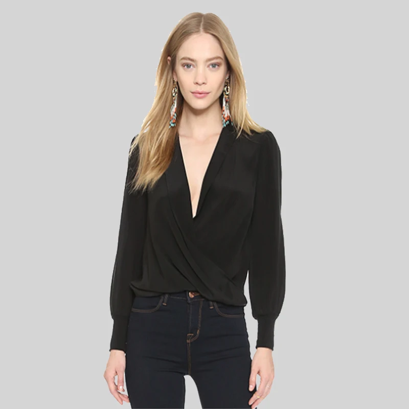 Черный wrap топ блузки v шеи длинным рукавом женщин WD811|shirt xs|shirtshirt body |