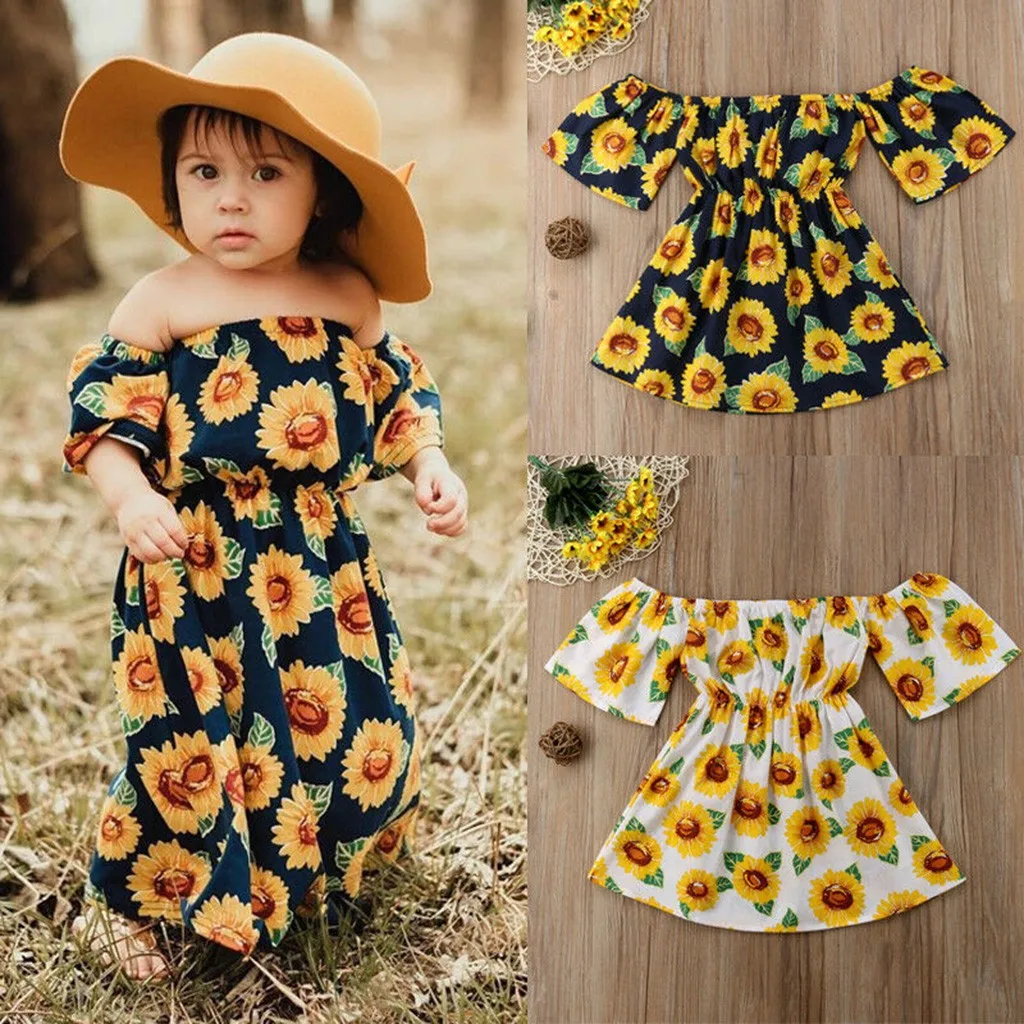 Children Kids Baby Girls Sleeveless Off Shoulder Sunflower Print Floral Dress Infant Outfit Vestido Menia Bohemian Dresses | Детская