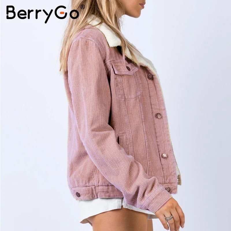 BerryGo Повседневная Вельветовая зимняя куртка пальто женская из овечьей шерсти с