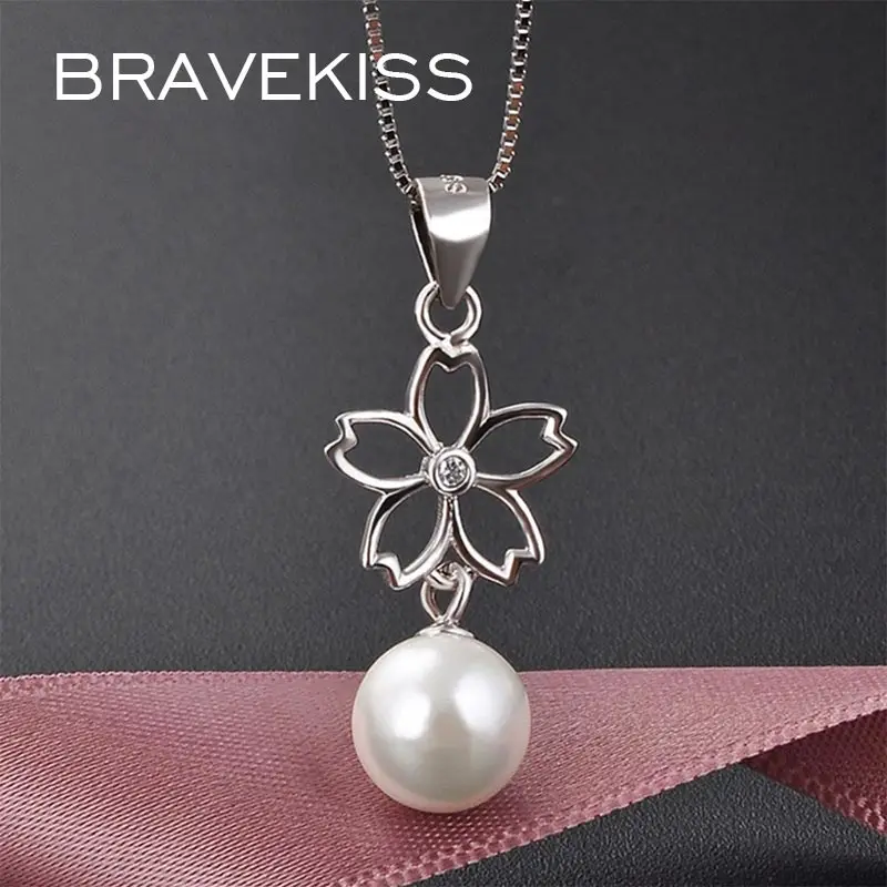 BRAVEKISS Romantic Hollow Flower Pearl Pedant Necklaces 925 Sterling Silver Necklace Freshwater Round Big Jewelry BLN0422 | Украшения и