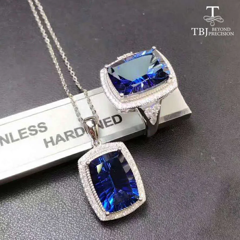 TBJ большая подушка с покрытием украшения голубым топазом набор кулон и кольцо