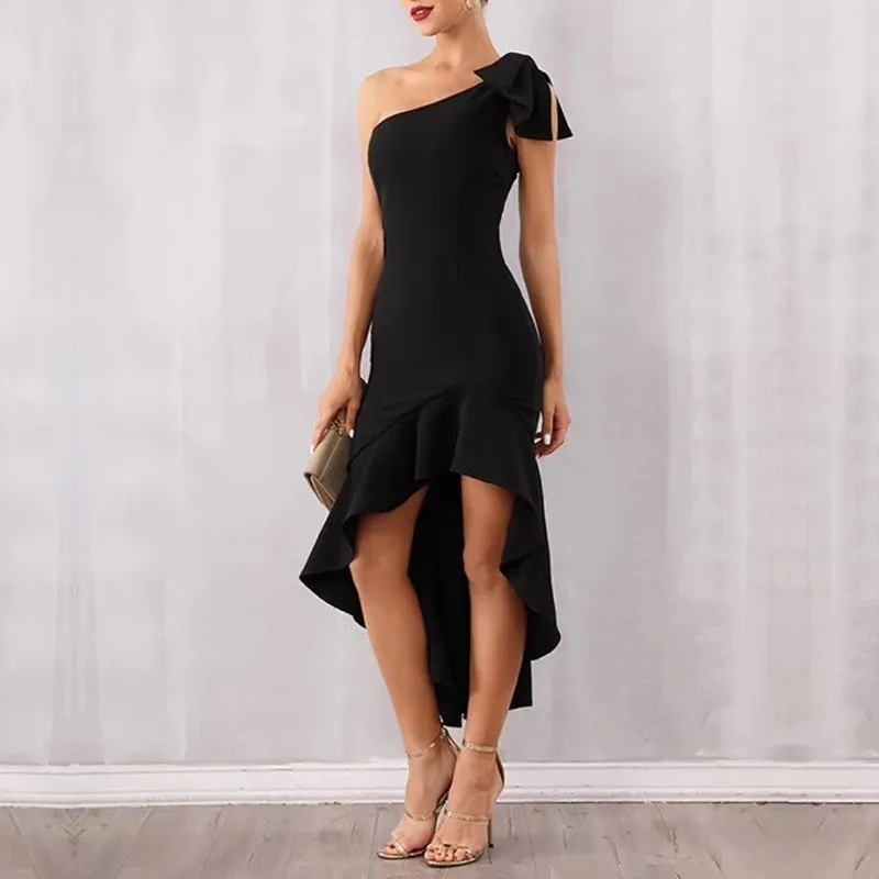 black TWOTWINSTYLE, сексуальное женское платье без рукавов, на одно плечо, с высокой талией, с оборками, с бантом, тонкое, асимметричное, платья для женщин, мода - Цвет: black