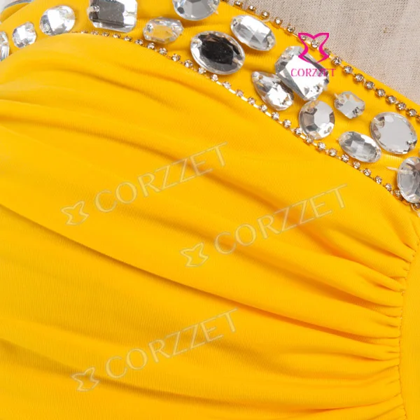 Модное желтое платье с бусинами без бретелек для девочек вечернее Клубное