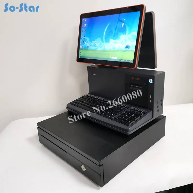 

Dual 15.6" LCD Screen Cash Register with 58mm Receipt Printer & Cash Drawer for Supermarket POS System Machine All in One