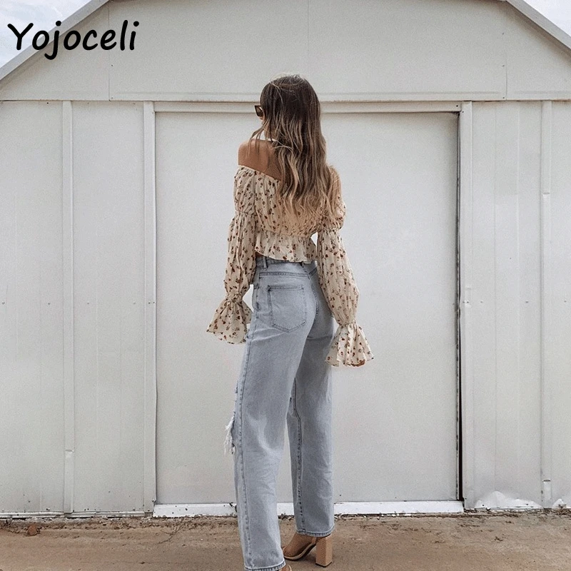 Блузка Yojoceli с цветочным принтом женские блузки открытыми плечами и рукавами