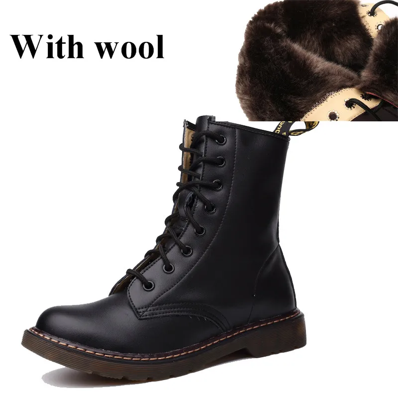 black with wool Женские Ботинки martin из натуральной кожи; зимняя теплая обувь; botas feminina; женские модные ботильоны в байкерском стиле; женские ботинки; botas mujer - Цвет: black with wool