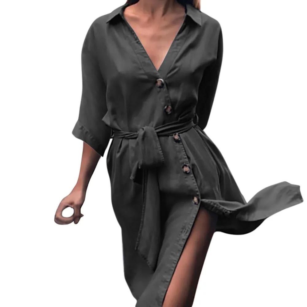 2018 Elegant Dress Sexy V-Neck Middle Sleeve Button Lace-Up Shift Bandage Cowboy Vestido Women | Женская одежда