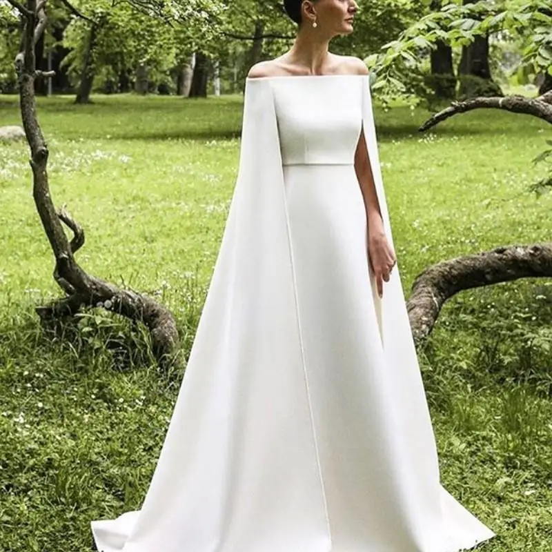 

Elegant Formal Dresses With Cloak vestido madrinha White Prom Gowns A Line Slash Neck Evening Gown robe de soiree vestidos