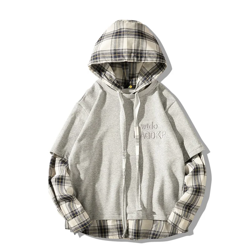 

2019 Autumn Men's Lattice Printing Coat Male Clothing Pullover Split Joint Hoodies Loose Cotton Casual Sweatshirts Size M-5XL