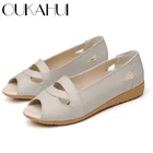 Женские босоножки с открытым носком OUKAHUI, летние повседневные босоножки из натуральной кожи на низком каблуке, Размеры 35-43, 2019